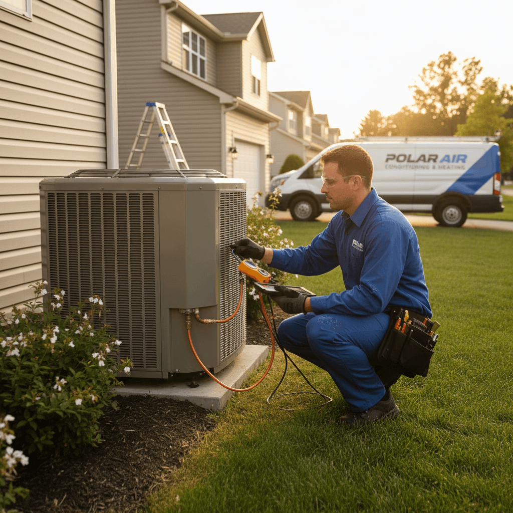 HVAC technician working on outdoor air conditioning unit