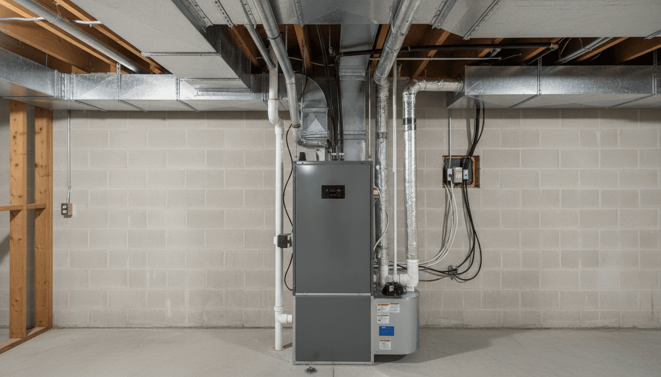 Professional HVAC system installation in residential basement