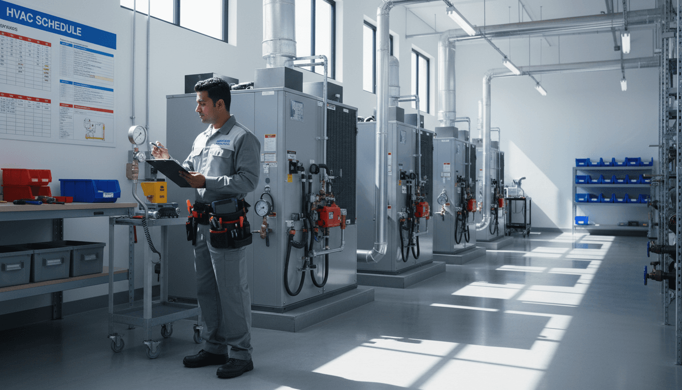 HVAC technician performing routine maintenance on commercial system