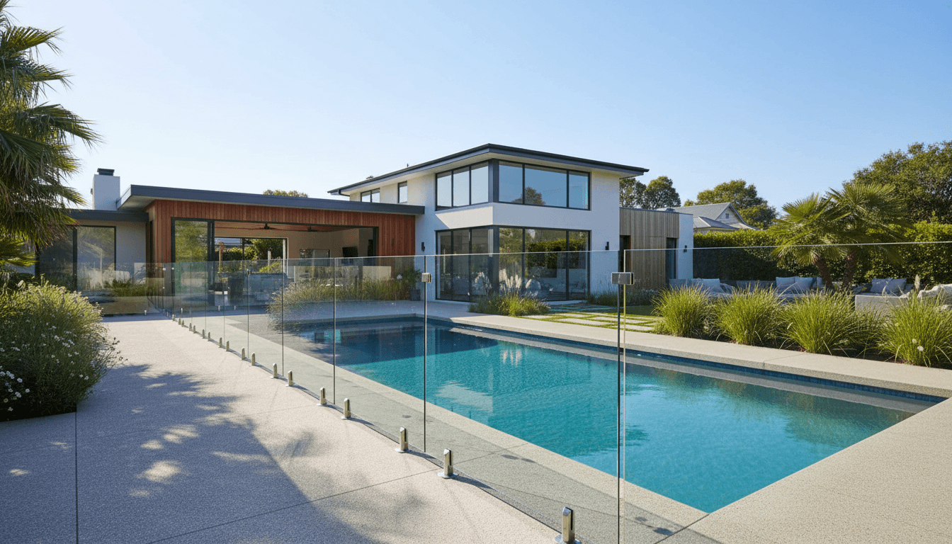 Modern residential pool with frameless glass fence installation and contemporary home architecture in sunny outdoor setting