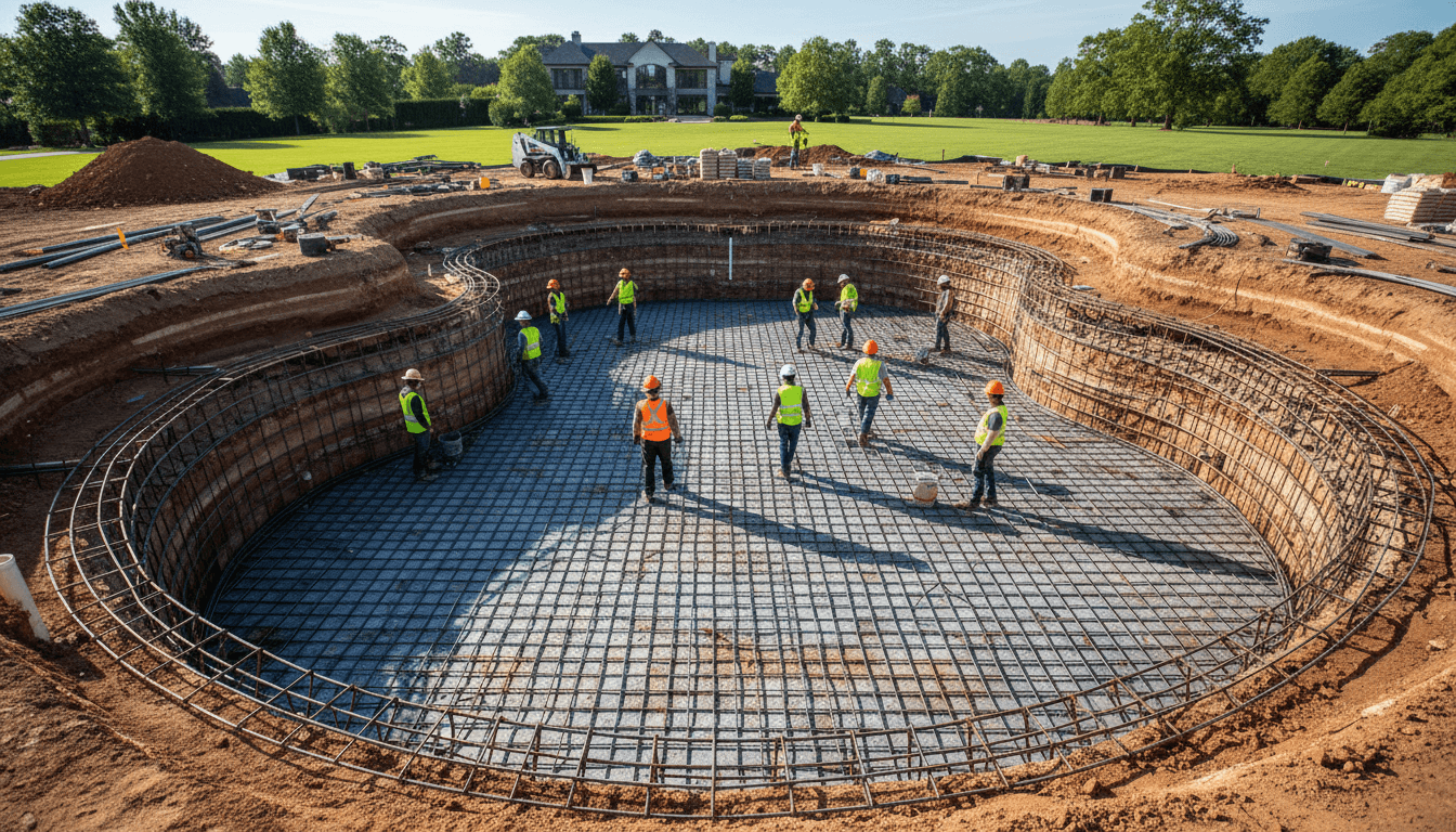 Wide view of excavated in-ground pool construction site showing reinforcement framework, crew, and surrounding landscape
