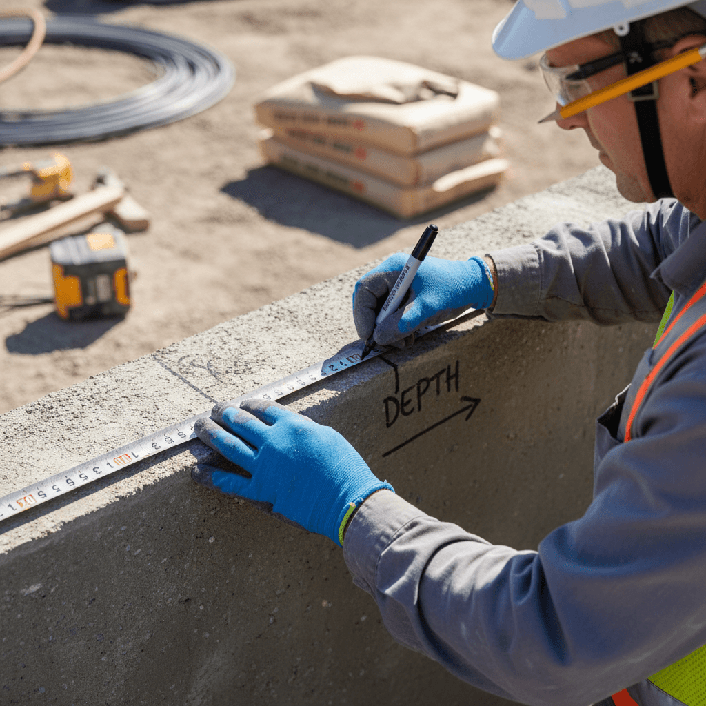 Pool builder's hands measuring and marking specifications on pool wall during construction, demonstrating precision and technical expertise