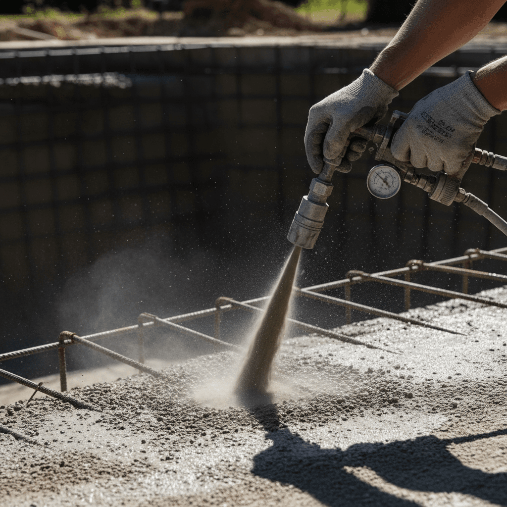 Close-up of gunite spray equipment applying concrete to pool shell structure with mist and spray visible