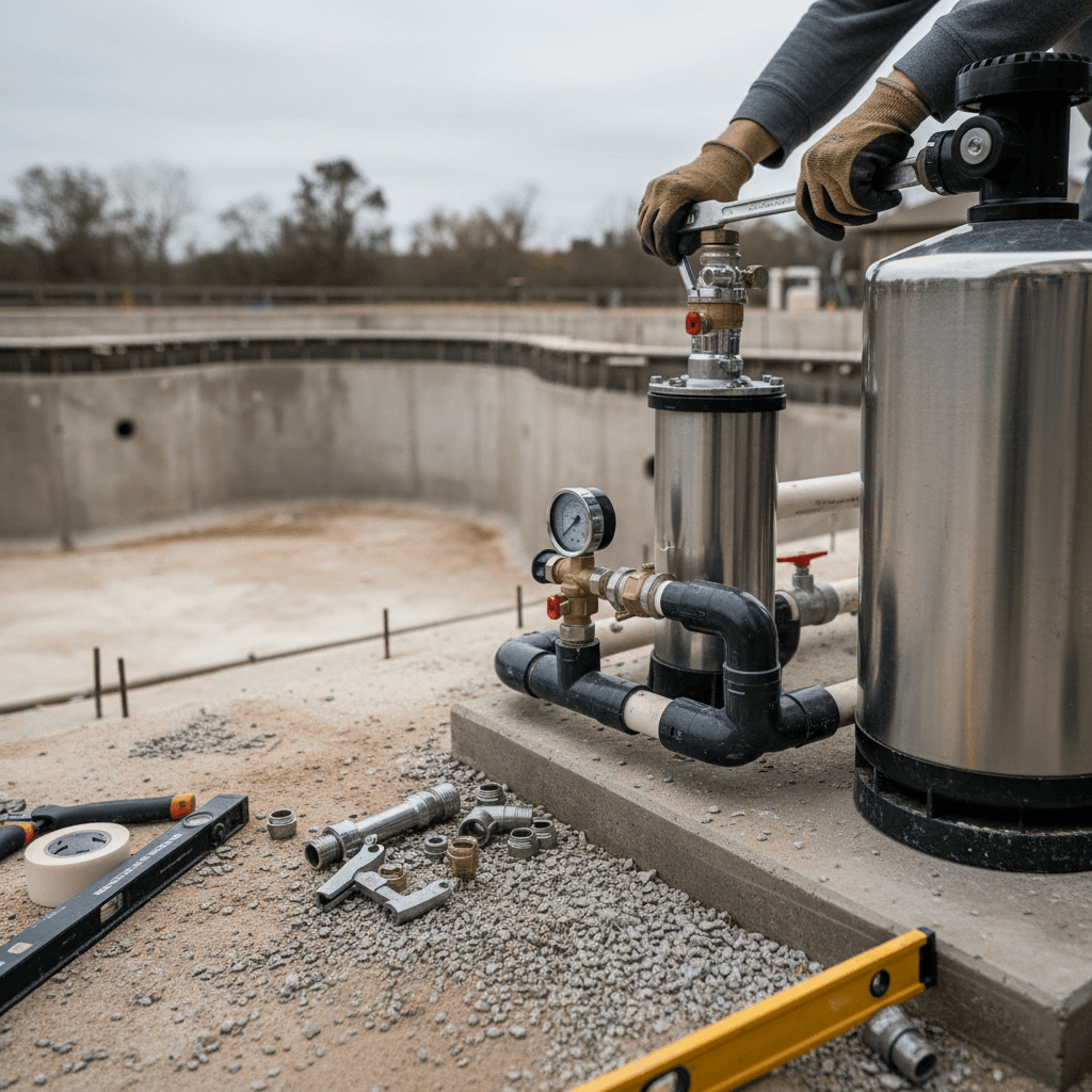 Construction worker's hands installing pool filtration system valves and equipment with technical precision